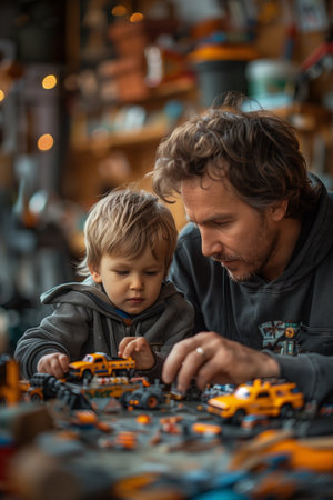 Father and son bond over toy car repairs, sharing skills and creating lasting memories togetherの素材