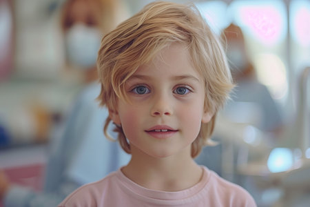 Child undergoing dental procedure with dentist, ensuring comfort and care for a healthy smileの素材