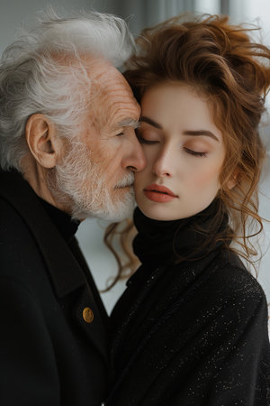 Affluent elder embraces chic, attractive youth, epitomizing timeless elegance and intergenerational connectionの素材