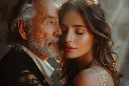 Affluent elder embraces chic, attractive youth, epitomizing timeless elegance and intergenerational connectionの素材