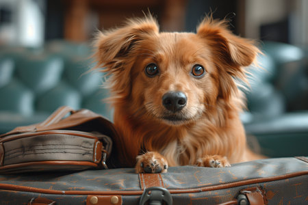 dog sitting on a suitcase. Travel conceptの素材