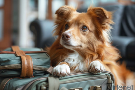 dog sitting on a suitcase. Travel conceptの素材