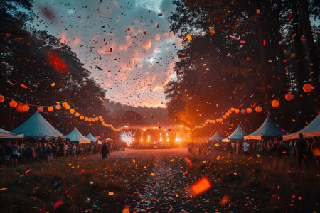Evening outdoor music festival atmosphere enriched by colorful confetti cascading under vibrant lights, igniting joyの素材
