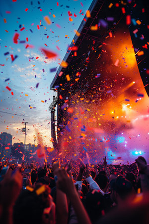 Evening outdoor music festival atmosphere enriched by colorful confetti cascading under vibrant lights, igniting joyの素材