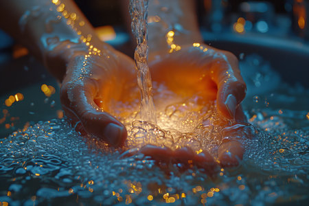 Individual washes hands under running water from a faucet, maintaining hygiene and cleanliness effortlesslyの素材