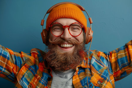 Joyful chubby man with headphones dancing energetically, radiating happiness in a quirky, eccentric portraitの素材