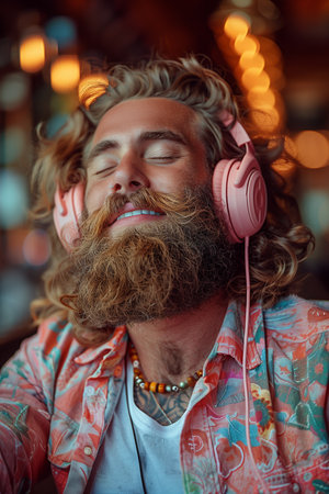 Joyful chubby man with headphones dancing energetically, radiating happiness in a quirky, eccentric portraitの素材