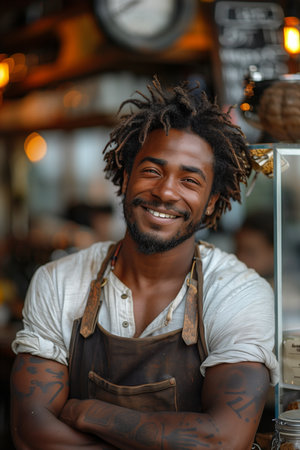 Smiling barista in Brazil, standing outdoors near cafの素材
