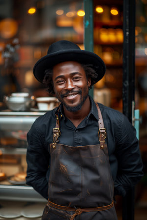 Smiling barista in Brazil, standing outdoors near cafの素材