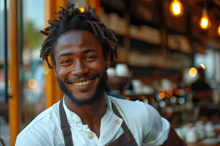 Smiling barista in Brazil, standing outdoors near cafの素材