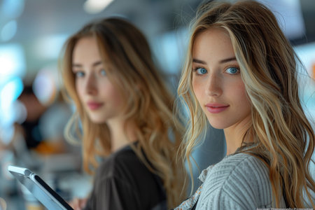 Dynamic businesswomen collaborate, standing amidst office hubbub, focused on tablet, driving success togetherの素材