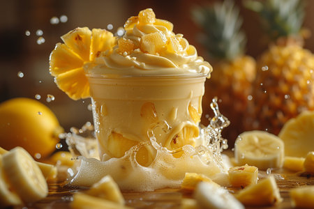 Captivate your taste buds with vibrant food photography featuring a golden holiday smoothie adorned with floating pineapple slicesの素材