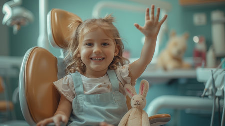 In a dentist's office, a child happily sits in a dental chair, holding a toy rabbit.の素材