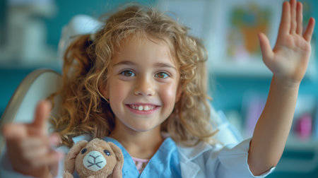In a dentist's office, a child happily sits in a dental chair, holding a toy rabbit.の素材
