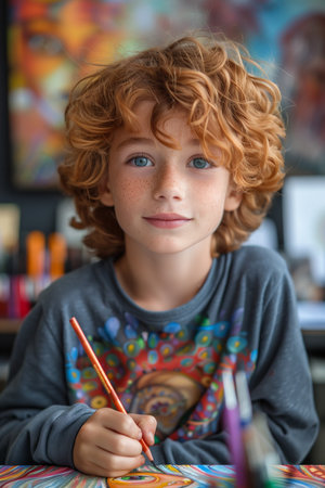 Joyful child expresses creativity, drawing with happiness and delight, radiating joy and innocenceの素材