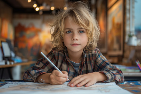 Joyful child expresses creativity, drawing with happiness and delight, radiating joy and innocenceの素材