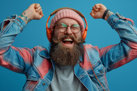 Joyful chubby man with headphones dancing energetically, radiating happiness in a quirky, eccentric portraitの素材