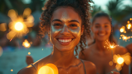 Joyful friends delighting in playful moments, surrounded by the sparkle and glow of fireの素材