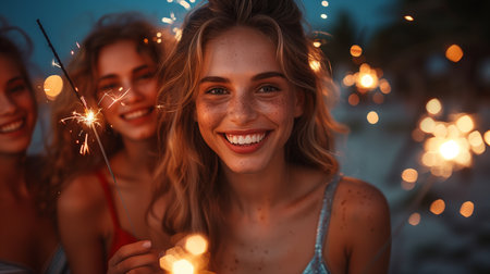 Joyful friends delighting in playful moments, surrounded by the sparkle and glow of fireの素材