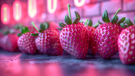 Pattern featuring vibrant pink strawberries with shadowy gradients against a colorful backdrop.の素材