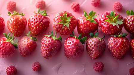 Pattern featuring vibrant pink strawberries with shadowy gradients against a colorful backdrop.の素材