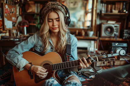 Woman mastering guitar, crafting melodies, and composing music, embracing the creative journey with passion and dedicationの素材