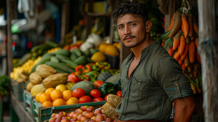 man in a military haircut stands by a stall in a green blouse and red pantsの素材