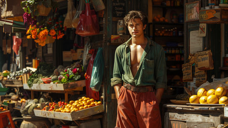 man in a military haircut stands by a stall in a green blouse and red pantsの素材