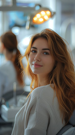 Precision beauty injections near the chin area for a youthful, confident woman at the dentistの素材