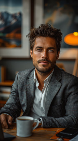 European man sits at his office desk with a cup of coffee in handの素材
