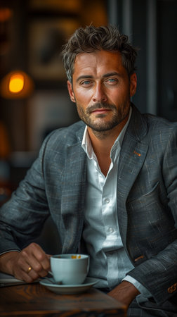 European man sits at his office desk with a cup of coffee in handの素材
