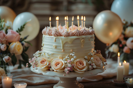 Exquisite birthday cake adorned with candles, surrounded by gold and white decor, flowers, balloonsの素材