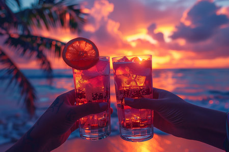 Pair toasting drinks at sunset on tropical beach, surrounded by palm treesの素材