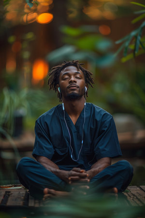 Medical student in navy scrubs reclining on wooden pier, sporting white headphones for relaxationの素材
