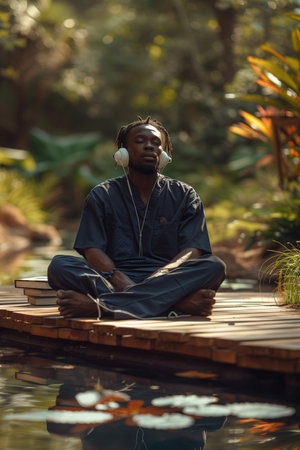 Medical student in navy scrubs reclining on wooden pier, sporting white headphones for relaxationの素材