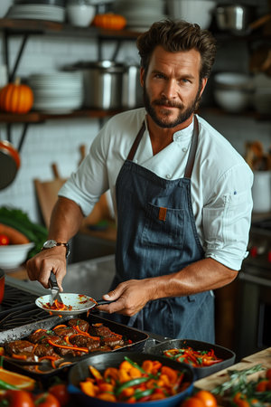Man in blue apron cooks in your kitchen, demonstrating culinary expertise and passion for food.の素材