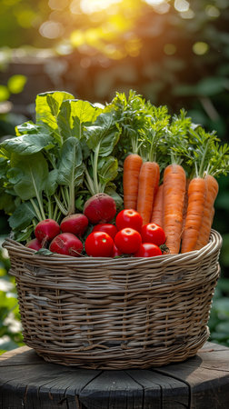 basket brimming with fresh carrots, beets, and tomatoes sits atop an aged wooden table, nestled in a gardenの素材