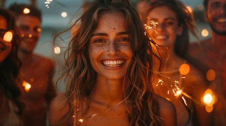 Joyful friends delighting in playful moments, surrounded by the sparkle and glow of fireの素材