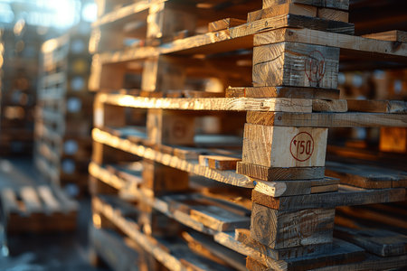 Wooden pallet stack at industrial warehouse; essential for cargo and shipping logistics in factoriesの素材
