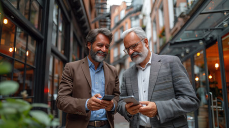 Two confident professionals stand outdoors, holding phones, emblematic of their successful business endeavorsの素材