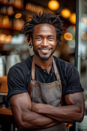 Smiling barista in Brazil, standing outdoors near cafの素材