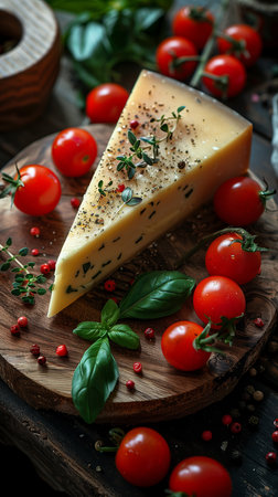 wooden round board holds a rectangular cheese piece alongside cherry tomatoes and basilの素材