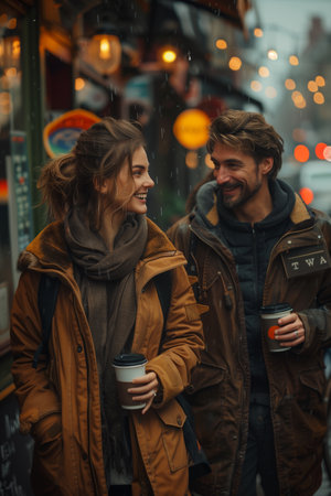 Pair strolling, hands entwined, enjoying steaming coffee together, immersed in intimate conversation, savoring each momentの素材