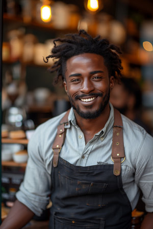 Smiling barista in Brazil, standing outdoors near cafの素材