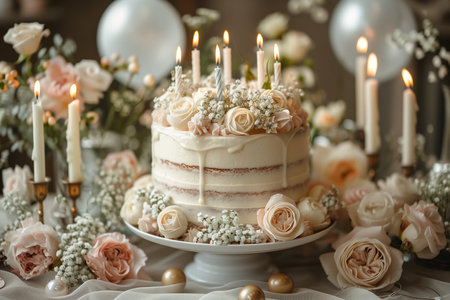Exquisite birthday cake adorned with candles, surrounded by gold and white decor, flowers, balloonsの素材