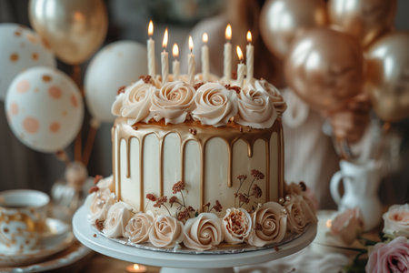 Exquisite birthday cake adorned with candles, surrounded by gold and white decor, flowers, balloonsの素材