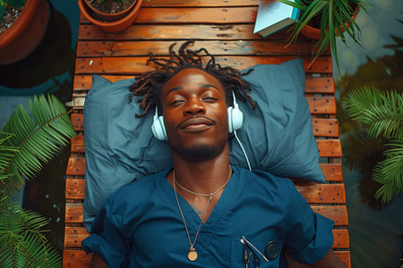 Medical student in navy scrubs reclining on wooden pier, sporting white headphones for relaxationの素材