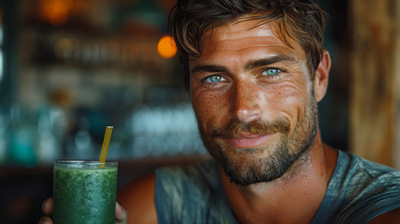 Muscular bodybuilder sipping green smoothie through straw, showcasing strength and health in every gulpの素材