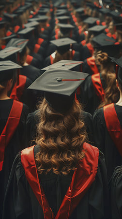 Line of graduates donning caps and gowns, celebrating academic achievement with pride and anticipationの素材