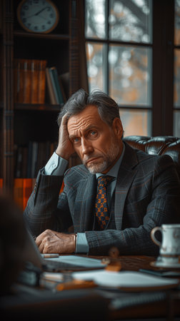 Exhausted businessman seated at desk, gazing upward, holding head, amidst modern office overlooking park.の素材